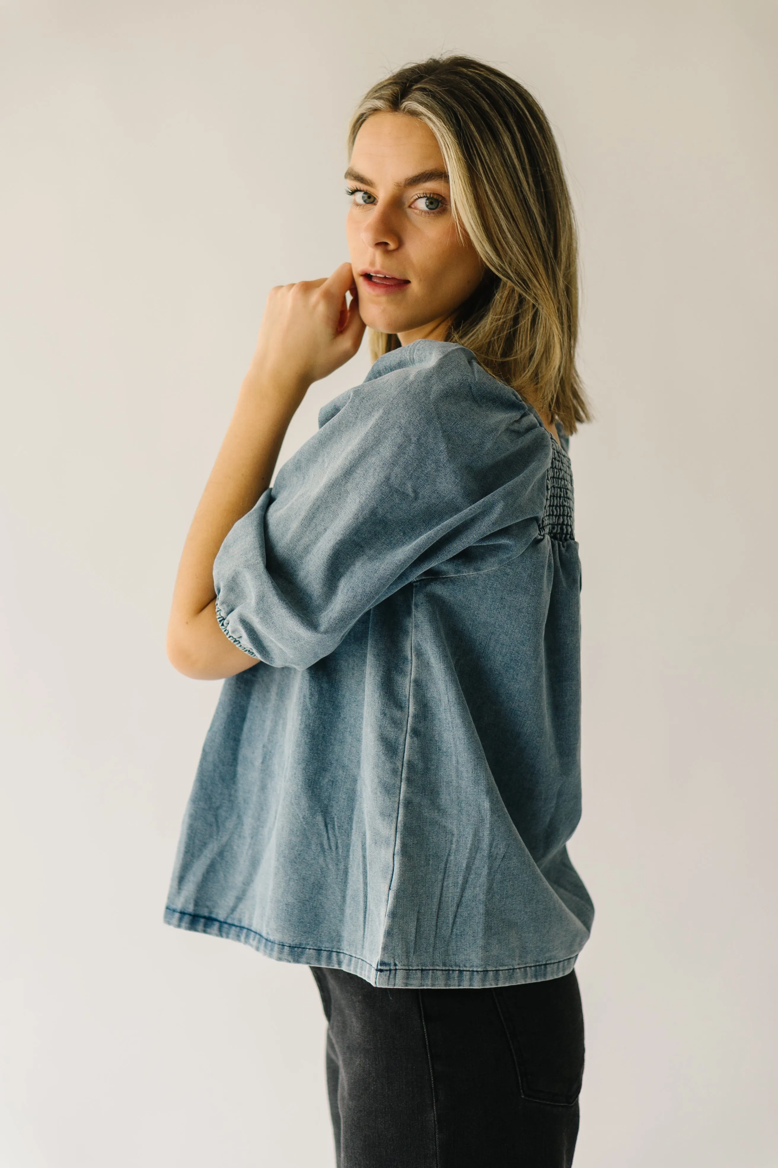 The Silverton Smocked Detail Blouse in Light Denim