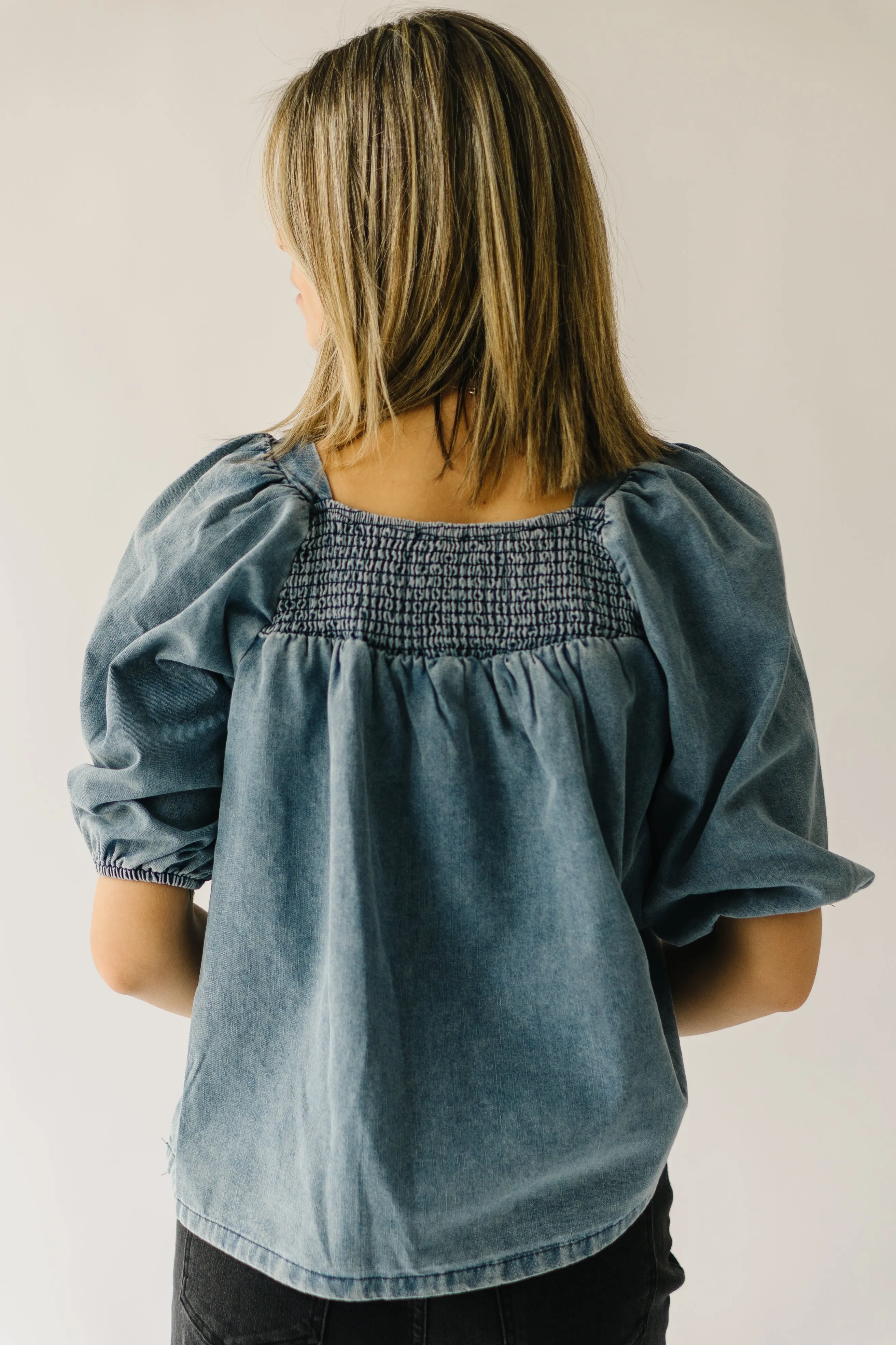 The Silverton Smocked Detail Blouse in Light Denim