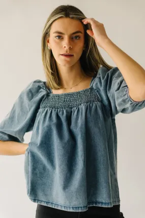 The Silverton Smocked Detail Blouse in Light Denim