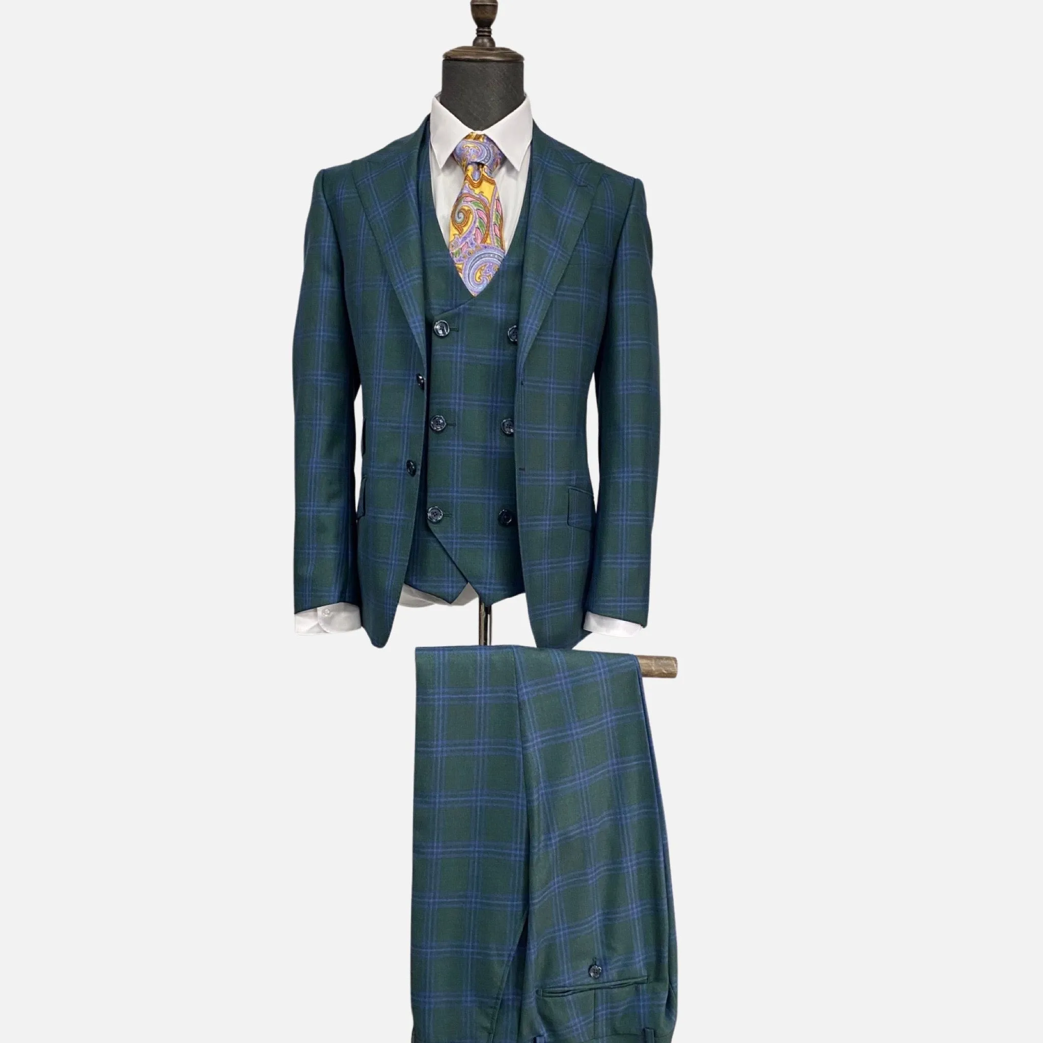 Tiglio Men's Green Plaid Italian Suit - Pure Wool, Classic Fit, 3-Piece with Vest, Peak Lapel, Single Breasted