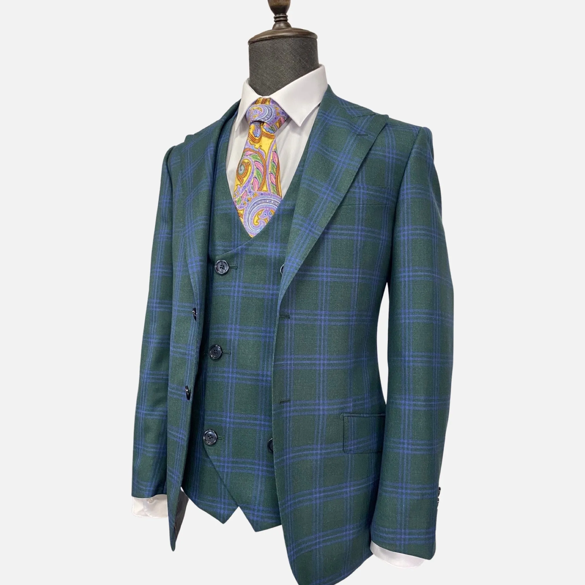 Tiglio Men's Green Plaid Italian Suit - Pure Wool, Classic Fit, 3-Piece with Vest, Peak Lapel, Single Breasted