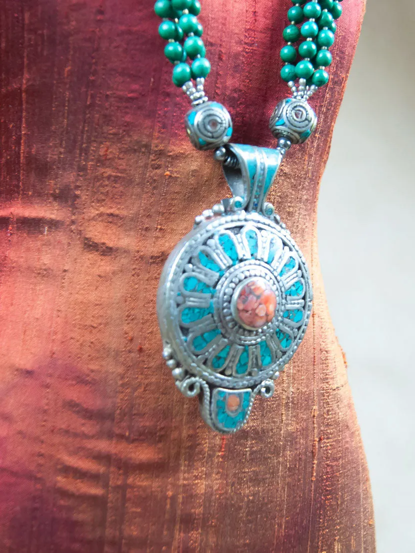 Turquoise with Red Coral Center Silver Necklace