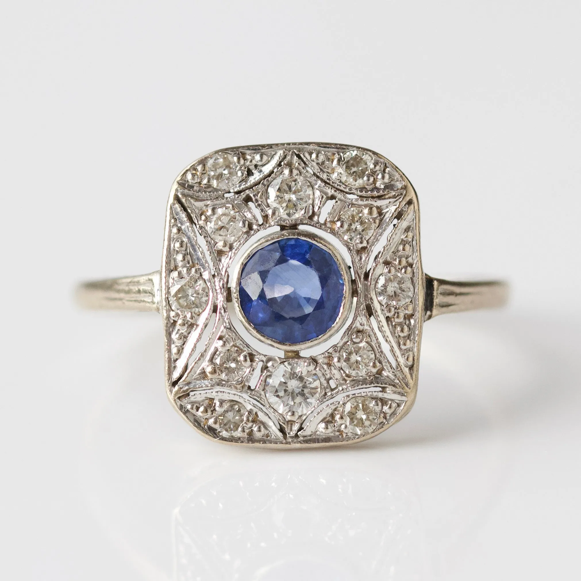 Vintage 18 Solid White Gold Sapphire and Diamond Ring - UK Size R