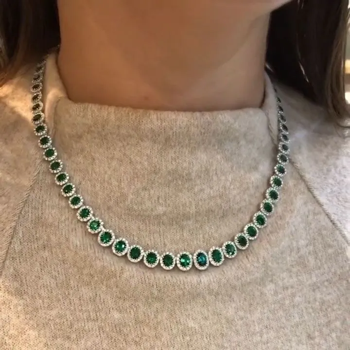 Vintage Emerald Green Halo Oval Cut Necklace