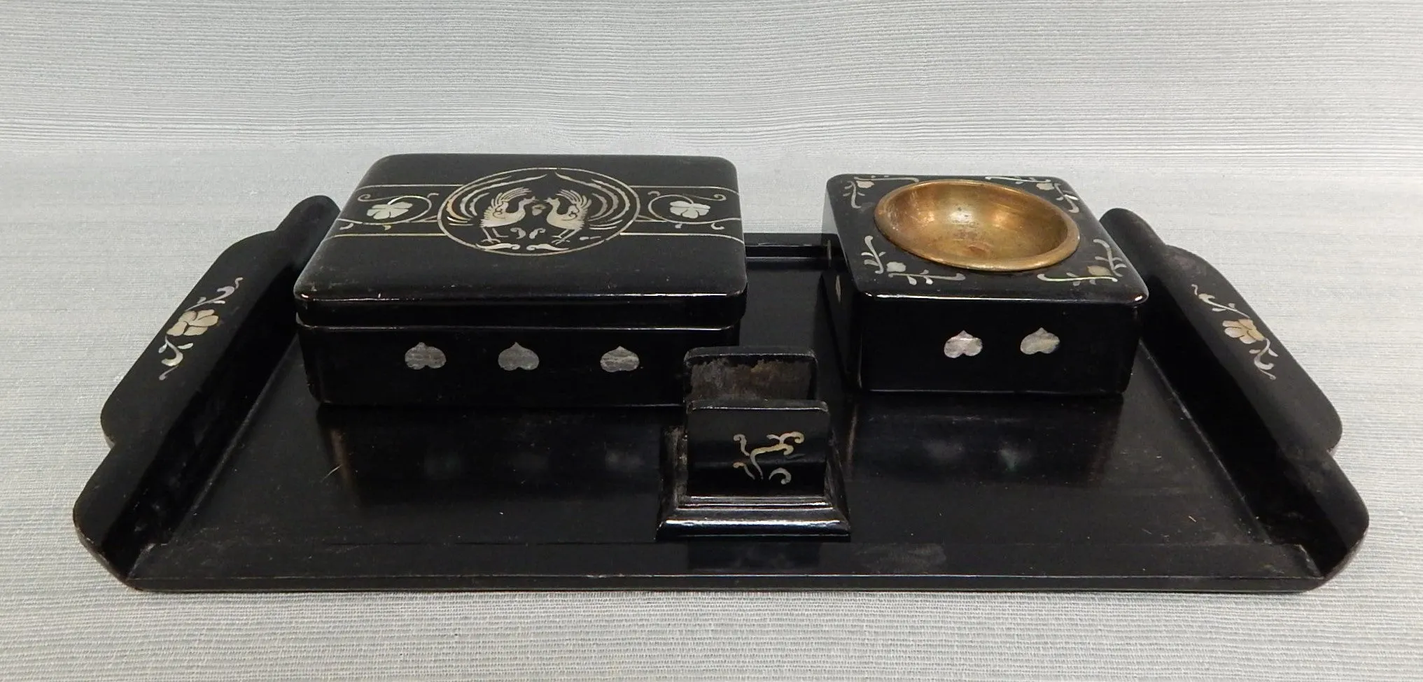 Vintage Mother of Pearl Inlay Black Lacquer Desk Set