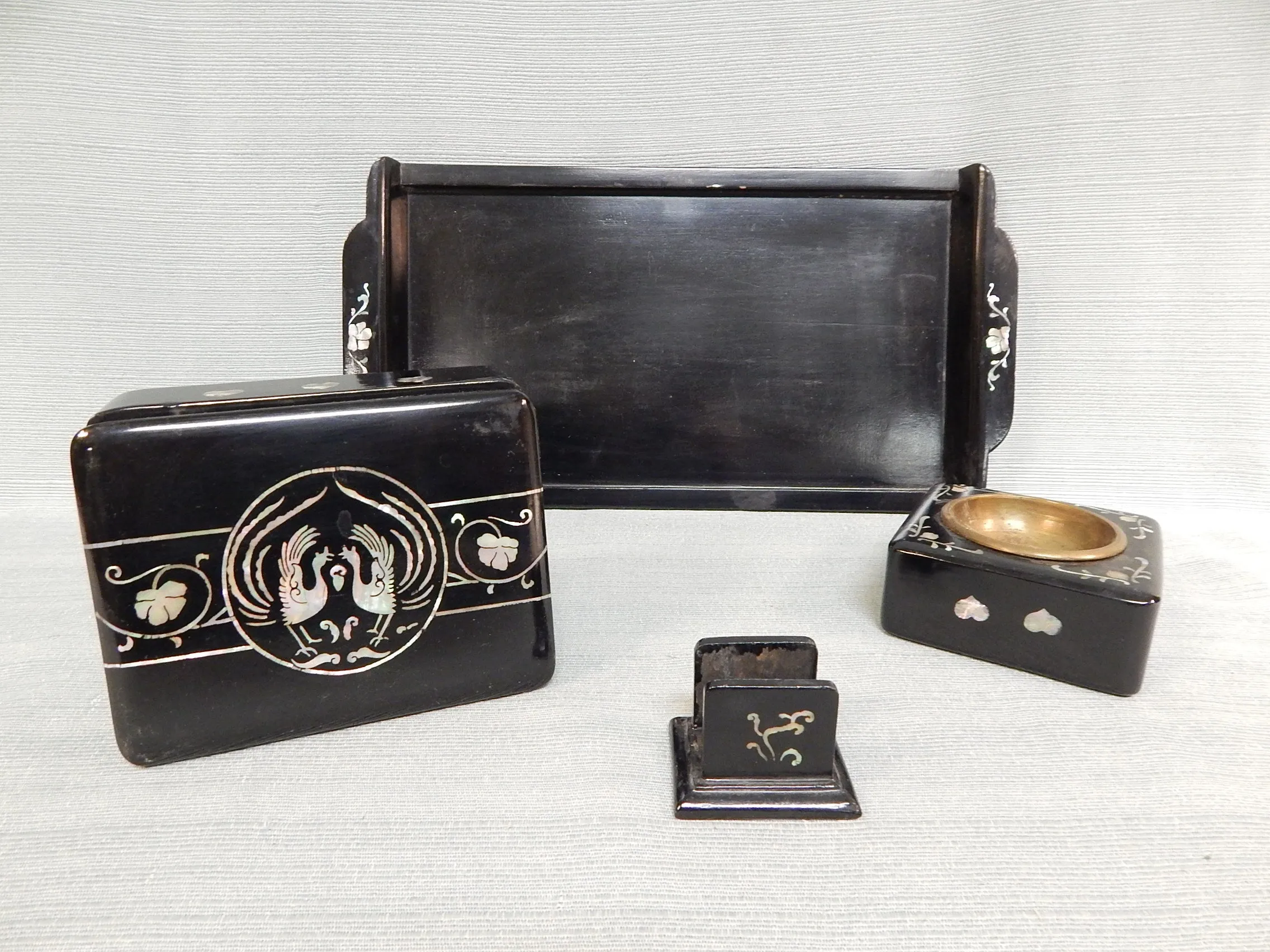 Vintage Mother of Pearl Inlay Black Lacquer Desk Set