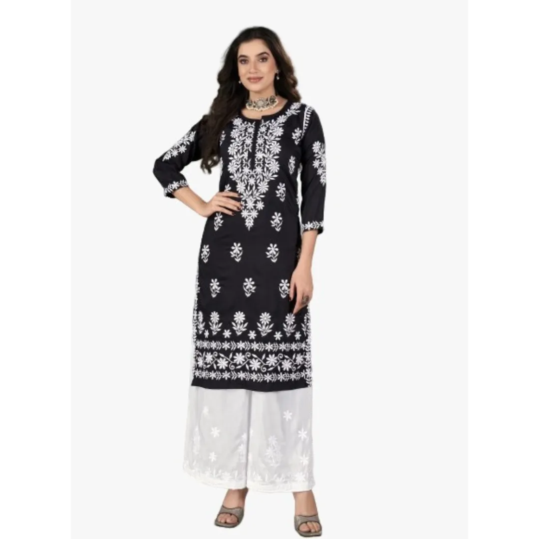 Women's Black Embroidery Chikankari Kurti Palazzo set