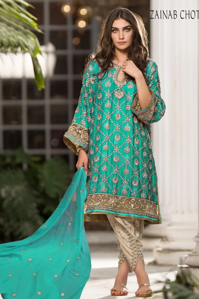 Zainab Chotani ZN-01 Ferozi Embroidered three piece With Chiffon Duppata